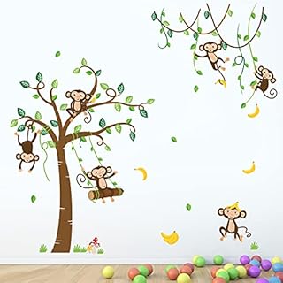 decalmile Monkey and Tree Wall Decals Monkeys on Vines Wall Stickers Baby Nursery kids Bedroom Playroom Wall Decor
