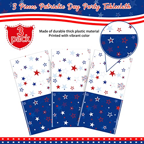 3 Pack Patriotic Tablecloth Decorations For 4Th Of July Independence Day, Plastic Memorial Day Table Cover Printed With Stars And Fireworks For Patriotic Themed Party Supplies, 54 X 108 Inch #TOP3