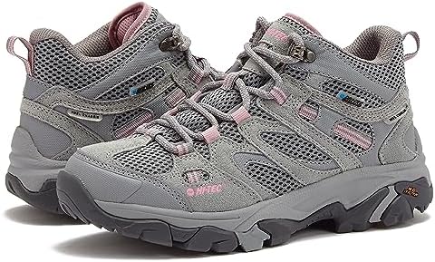 HI-TEC Apex Lite Mid WP Waterproof Hiking Boots for Women, Lightweight Outdoor and Trail Shoes - Medium Grey/Light Pink, 7.5 Medium