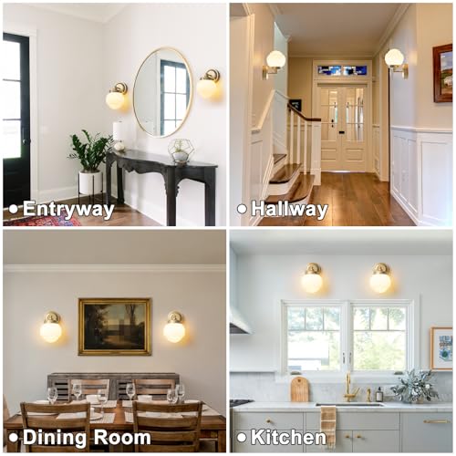 Image of Mid Century Wall Light Set of 2 Modern Gold Bathroom Sconces Milk White Glass Vanity Wall Lighting Fixture for Hallway Bedroom Living Room Kitchen Stairway (Hardwired, E26)