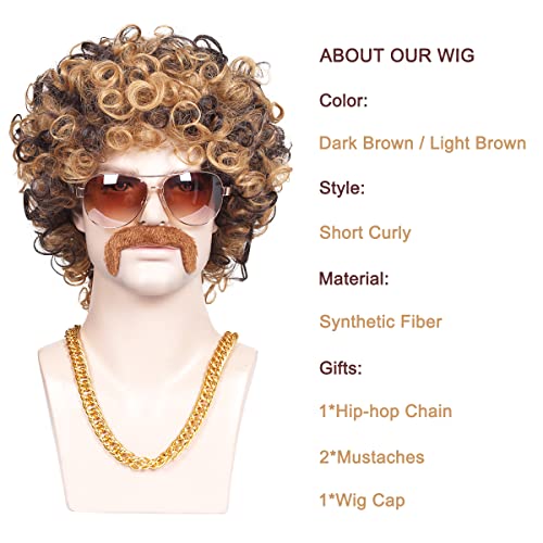 Colorground 3-Pieces Chain And Moustache And Short Curly Wig For 70'S Disco Party (Brown With Blonde(3 Pieces Set)) #TOP2
