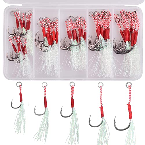 Angel-Jig-Assist-Haken-Set - 50 Stück Salzwasser-Jig mit PE-Schnur, Spaltring, Kristall-Blitzschwanz-Haken, Karbonstahl-Haken zum Jiggen, Gießen, Schleppen, Outdoor-Angeln Cover