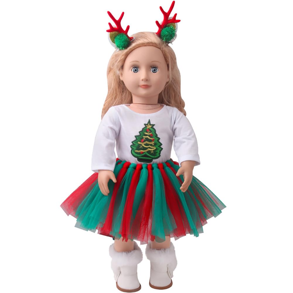DUORUIMI Doll Clothes Winter Christmas Dress Gauzy Skirt Sweatshirt Cute Pattern with Hair Clip for American Girl Doll 18 inch