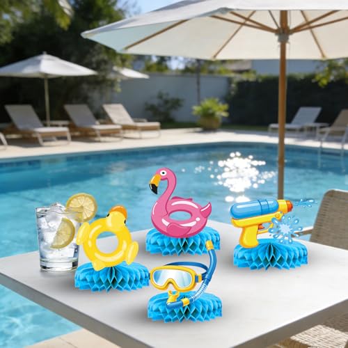 Pool Birthday Party Decorations - Plates, Napkins, Cups, Cutlery, Honeycomb Centerpieces, Banner, Hanging Swirls, Tablecloths, Toppers, Balloons for Hawaii Summer Pool Party Decorations, Serves 20 by QIYANPAX - Used condition - Image 4