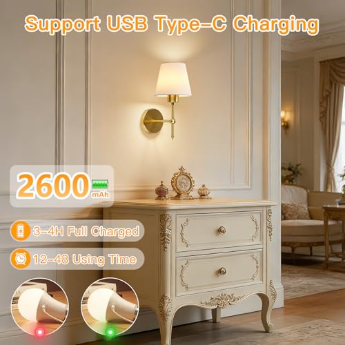 Dehobo Battery Operated Wall Lights Set Of 2, Rechargeable Led Wall Sconces With Fabric Shade, Dimmable Wireless Lamp With Remote, 3CCT 12 Rgb, Modern Indoor Decor For Bedroom Living Room Hallway - 3
