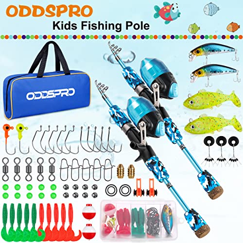 ODDSPRO Kids Fishing Pole - Kids Fishing Starter Kit - with Tackle Box, Reel, Practice Plug, Beginner's Guide and Travel Bag for Boys, Girls (2 Pack (Blue+Blue), 1.2M 3.94Ft)