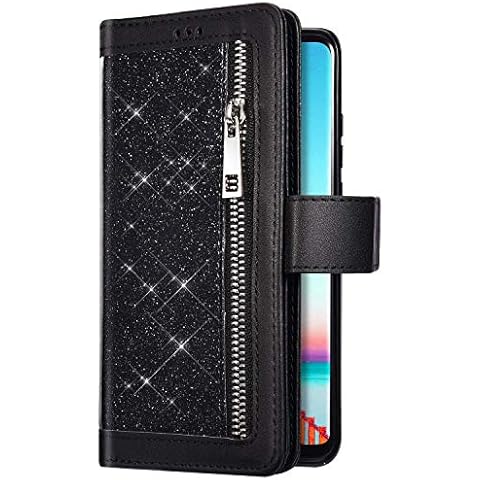 Uposao Kompatibel mit Huawei P40 Lite Handyhülle Leder Bling Glitzer Reißverschluss Multifunktionale Schutzhülle 9 Kartenfächer Brieftasche Flip Case Bookstyle Handytasche,Schwarz Cover
