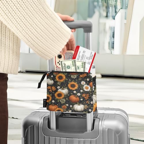 Image of Luggage Cup Holder for Suitcases Free Hands Suitcase Cup Holder Travel Luggage Drink Holder Portable Luggage Cup Caddy Bag Carrier with Handle Black Dotty Pumpkins Sunflowers Daisy