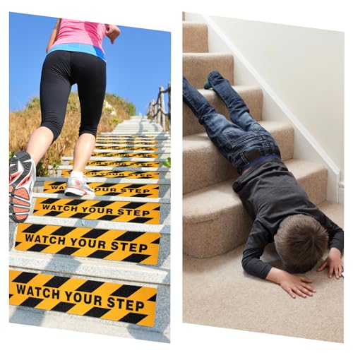 Boao 2-Pack “Watch Your Step” Anti-Slip Decals, 6”x24” Abrasive Hazard Warning Stickers, Waterproof, Durable PVC for Indoor/Outdoor Use on Stairs, Floors & Ramps, Orange