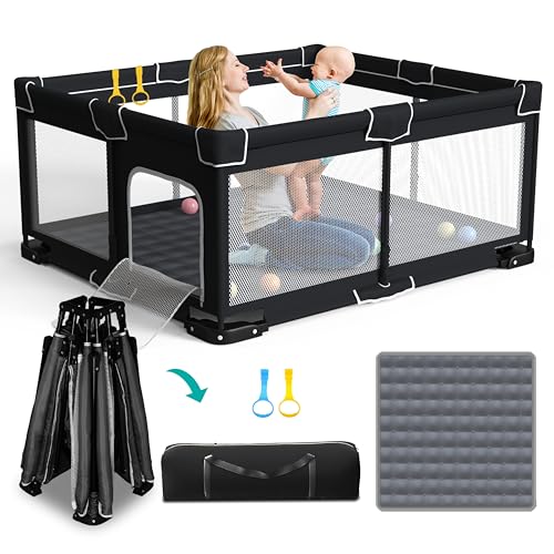 Image of ICAREWAY Foldable Playpen for Babies and Toddlers, 71x59 Inches Portable Playpen, Kids Collapsible Play Pen with 2 Handlers, Indoor & Outdoor Baby Play Area with Visible Mesh (Black)