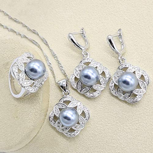 wangk Gray Pearl Silver Color Wedding Jewelry Set for Women Earring Necklace Pendant Ring Birthday Gift 3pcs