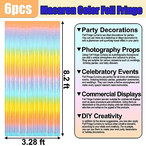 Image of 6 Pack Light Raainbow Foil Fringe Curtain Backdrop, 3.28Ft x 8.2Ft Metallic Tinsel Foil Fringe Streamer Curtains for Photo Booth, Christmas Day, Thanksgiving, Wedding, New Year Party Decorations