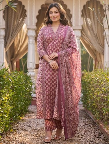 Image of Arayna Women's Cotton Printed Kurta Set with Pants & Dupatta | Elegant Ethnic Wear for Women | Floral Print | Comfortable Suit Set