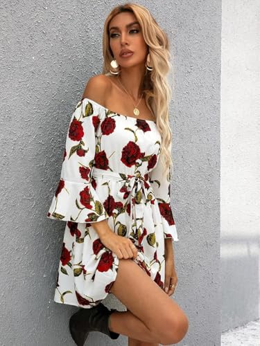 Image of Off Shoulder Ruffle Dress for Women, A-Line Mini Dress with Belt, Fitted Bust Summer Wedding Guest Dress