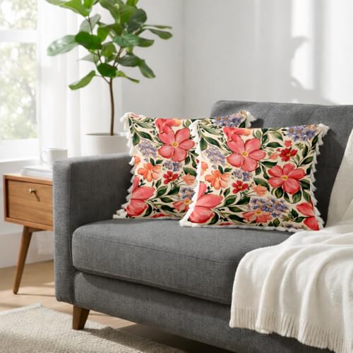 Image of STITCHNEST 'Little Meadow Series' Tassled Cushion Cover | Set of 2 | Floral Cushion Cover 24 inch x 24 inch