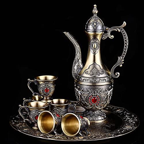 Vintage Tea Pot Set Including Turkish Coffee Pot,Tea Tray And Metal Cups,Tea Service Set For Serving Tea Coffee Red Wine,Wine Cabinet Decor Ornaments（Red） #TOP5