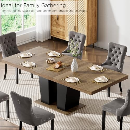 78.74\" Extendable Dining Table for 6 8 10 Person, Farmhouse Expandable Kitchen Table Large Rectangle Wooden Expanding Table with Dual Column Pedestal for Kitchen Dining Meeting Room, Brown & Black