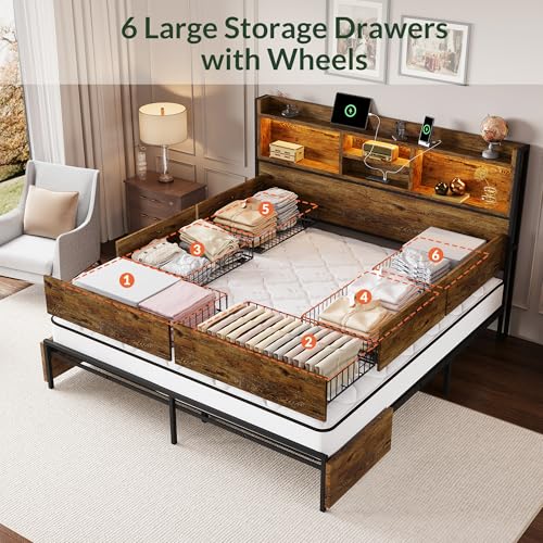 LARMACE Queen Size Bed Frame with 6 Storage Drawers and Headboard Wooden Platform Bed Frame with LED Lights and Charging Station Easy Assembly/No Box Spring Needed/Vintage Brown - Image 4