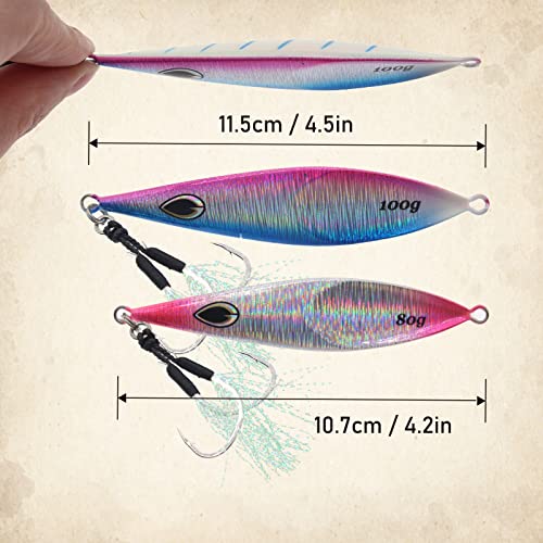 Lfemro Slow Pitch Glow Jigging Spoon Lure 2Pcs Saltwater Fishing Lures With 3D Eyes Assistant Hook Flat Fall Sea Fishing Jigs For Bass Trout Tuna 2.8&3.5Oz #TOP4