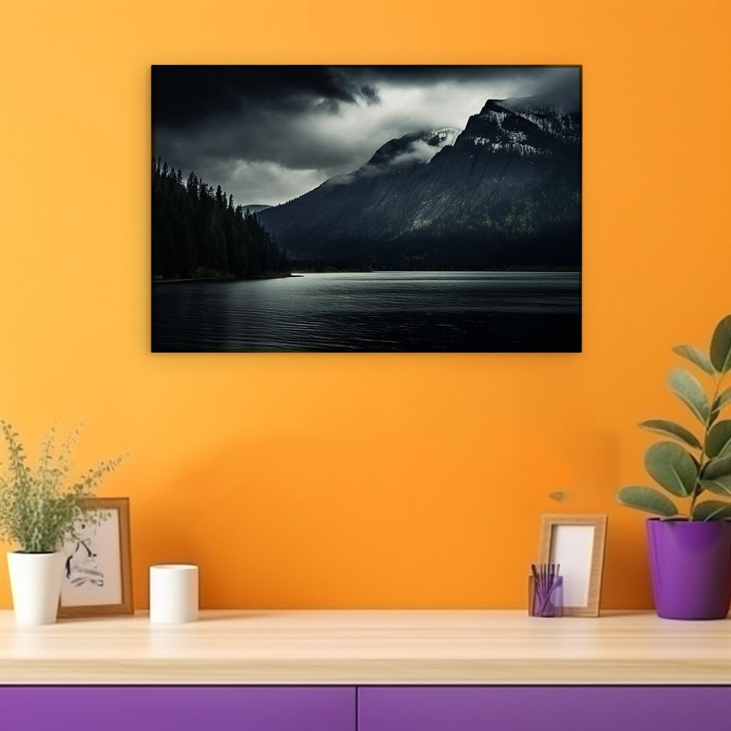 Canvas for Living room. Embracing the Serene Majesty of Twilight Mountains and Mystic Waters, 27 x 18 inch Canvas Wall Art - Contemporary Masterpieces - Modern Home Decor