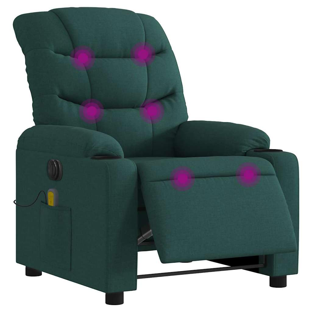 Massagesessel elektrisch in Dunkelgrün mit Stoffbezug, 6-Punkt Vibrationsmassage, verstellbare Rückenlehne und Fußstütze, Metall und Holzgestell, bequemer Relaxstuhl für Wohnzimmer und Büro