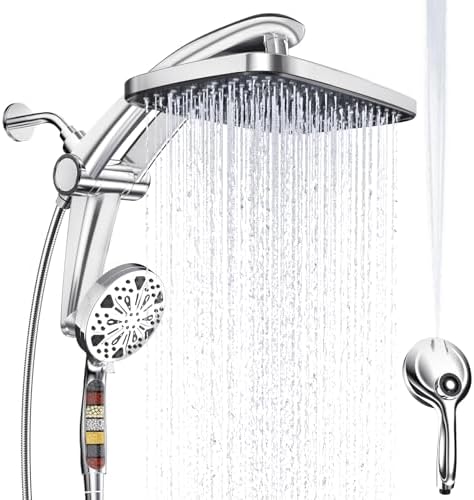 Rain Shower Head with Handheld High Pressure Rainfall Shower Heads with Handheld Spray Combo Adjustable one-piece Stand daul Shower Head Built-in Magnetic Docking and Power Jets（Sliver）