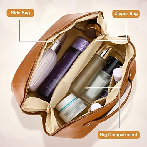 Portable Travel Makeup Bag - PU Large Capacity Cosmetic Bag with Handle and Zipper, Toiletry Bags for Women with Multi Pouch, Multifunction Makeup Organizer Bag Wash Bag for Ladies Girls (Brown)