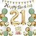 Moorle Salbeigrüne Geburtstagsdeko für Mädchen 21 Jahre - Grün Weiß Gold Luftballons, Banner, Flaggen und Tortendeko für 21. Geburtstag Frau Dekoration