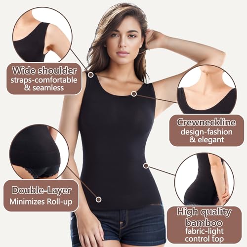 Image of +MD Women's Seamless Short Sleeve Undershirt, Light Compression Scoop Neck Tank Top, Tummy Control Basic Tee Camisole