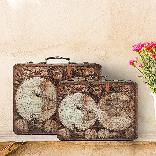 Decorative Wooden Storage Boxes With Leather Handle And Hinged Lids, Vintage Suitcase Boxes Décor, Travel Luggage Chest With World Map Pattern - Set Of 2 Thick Solid Wooden Boxes (World Map) #TOP4