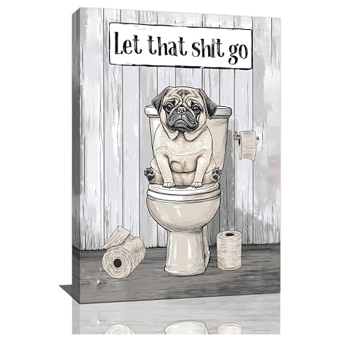 Funny Pug Dog Bathroom Wall Art Farmhouse Dog On Toilet Bathroom Canvas Decor Vintage Bathroom Picture for Dog Lover Modern Artwork Pug Home Decorations for Bathroom Framed 16"x24" Cover