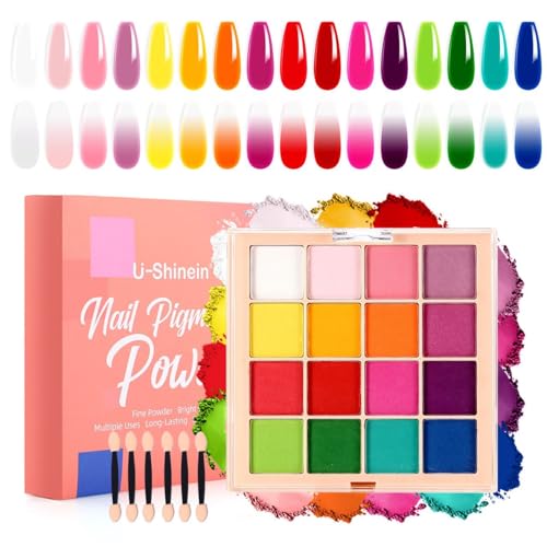U-Shinein Nail Pigment Powder Palette Set, 16 Colors Ombre Nail Powder Palette with 100pcs Sponges & Tweezers French Aura Nails Ombre Nail Brush Nail Long-lasting Manicure Art DIY Accessories