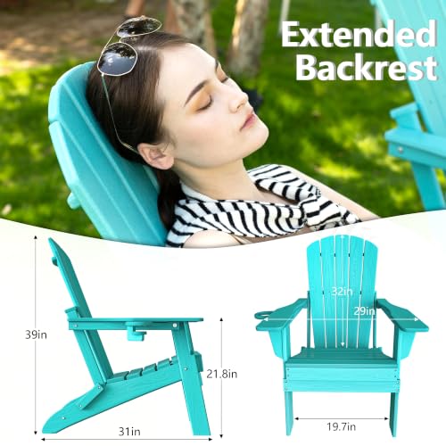 Image of Plawdlik Folding Adirondack Chair, Wooden Textured with Cup Holder, Aruba | SGS Tested, Heavy All-Weather HDPE Comfortable Set Poolside Backyard Lawn