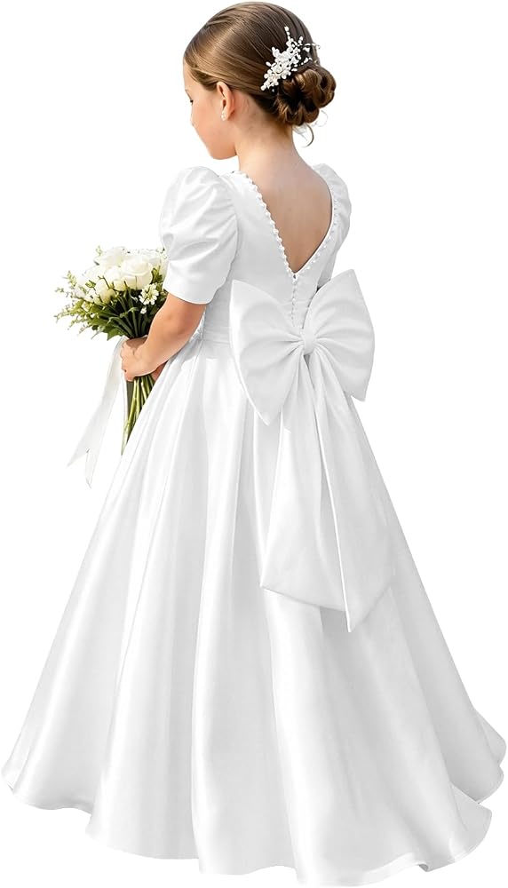 Puffy Sleeve Satin Flower Girl Dress with Bow Long A-Line Formal Gown — 사진 1