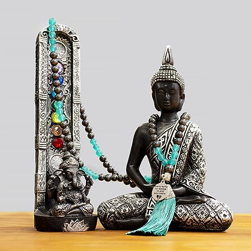 Japamala 108 Contas Hematita Jade 8 mm Pedras Naturais Colar Ho'oponopono (Preto Turquesa)