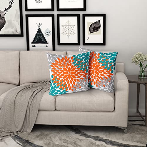 Kawani Orange Teal Grey Pillow Covers 20X20 Dahlias Floral Modern Farmhouse Rustic Decorative Cotton Couch Pillow Cases With Zipper Set Of 2 Home Decor For Living Room Bedroom Bed Cushion Outdoor #TOP5