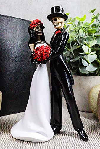 Ebros Day Of The Dead Wedding Dance Skeleton Bride And Groom Holding Red Roses Bouquet Figurine Cake Topper 6.25"Tall Love Never Dies Bridal Party Ceremony Skeletons Lovers #TOP7