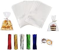 XLSFPY 100 Pack 5x7 Clear Cellophane Treat Bags with Color Ties - Cake Pop, Candy, Goodie Bags for Birthday Party Favors