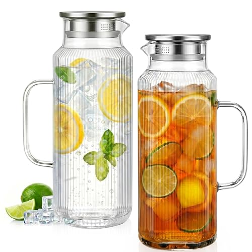 [2-Stück 68 OZ/ 2 Liter] - Achteckiger Glas Karaffe Krug mit Deckel und Auslauf Klassischer Streifen-Wasserkrug mit Griff Wasserkrug aus Borosilikatglas für heiße & kalte Getränke.