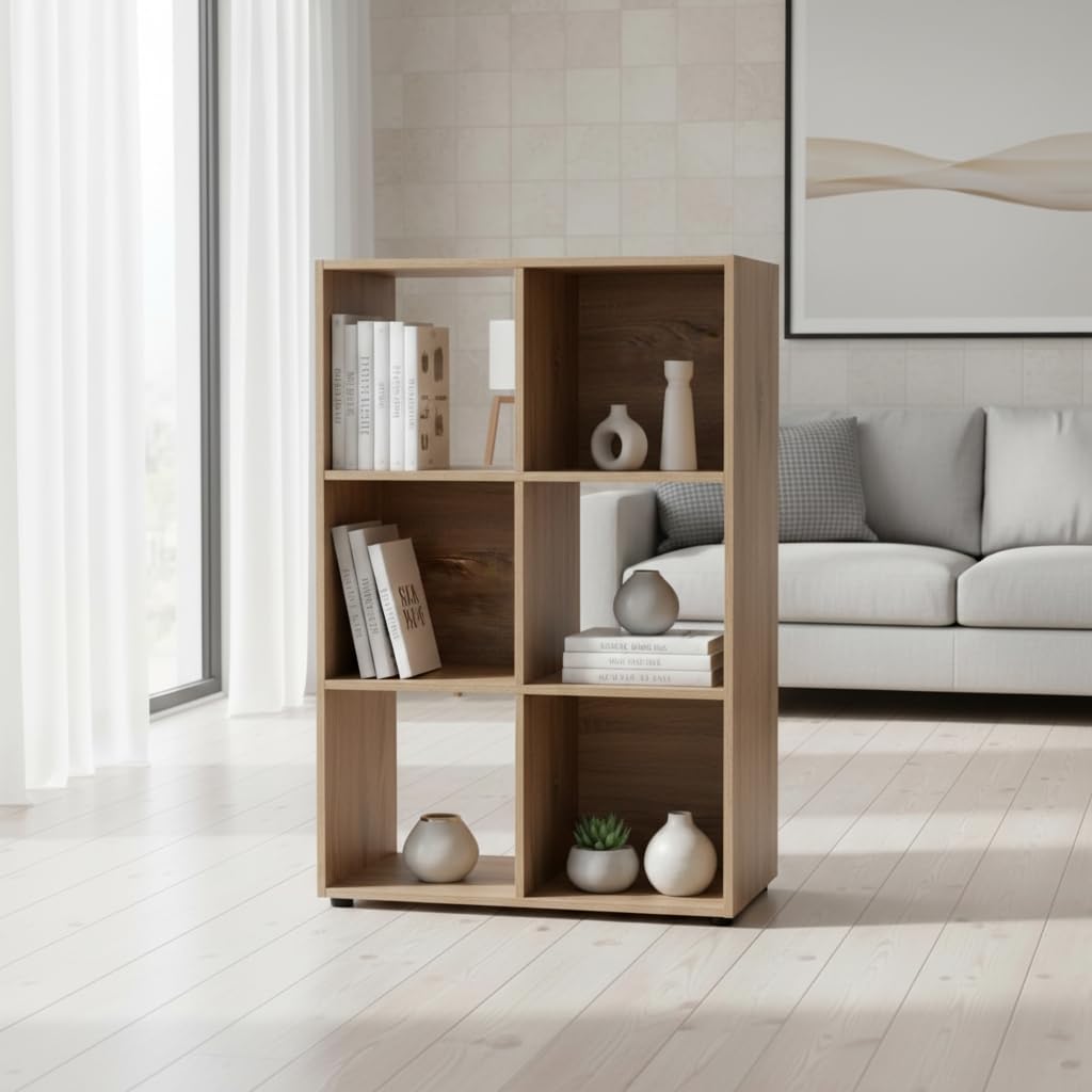 INDE MOBLEKIT | Estantería Cubo 6 Compartimentos 61.2x29.7x91.2 cm, Estantería Modular Roble, Librería Infantil o Mueble Auxiliar Cocina, Mueble de Madera para Almacenaje Hogar