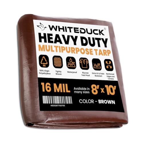 WHITEDUCK 8' x 10' Super Heavy Duty Poly Tarp Thick 16 Mil, Waterproof 100% UV Resistant Rip/Tear Proof Tarp w/Rustproof Grommets & Reinforced Edges (Finished Size: 7'6