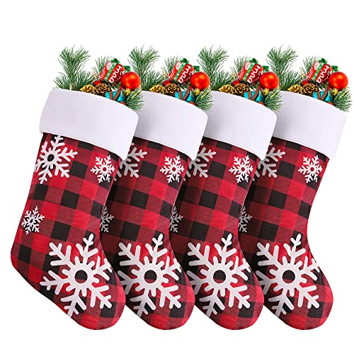 VIBILIA 4 Pack Christmas Stockings, 18 Inches Buffalo Plaid Stockings with Snowflake and Plush Cuff, Fireplace Hanging Stockings Gifts & Decorations for Family Holiday Party (Red and Black)