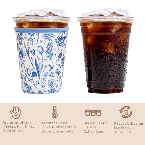 Image of Reusable Insulated Sleeve for Iced Coffee Cup, Coffee Neoprene Sleeve for Cold & Hot Drinks, Beverage Holder for Iced Coffee (Blue Fern Florals, Small: 16-18oz)