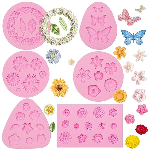Muyulin Butterfly Molds Silicone, 6 Pakcs Flowers Chocolate Molds for Cake Pops, Strawberries Baking Cupcakes Toppers Resin Clay