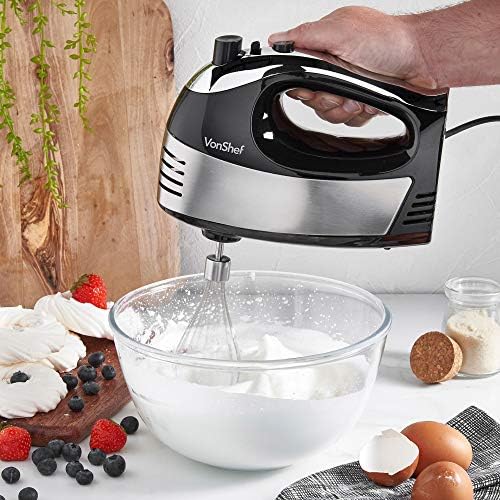 VonShef Hand Mixer Electric Whisk Food Mixer for Baking with 5 Speeds, 400W, 2 Stainless Steel Beaters, 2 Dough Hooks & Balloon Whisk, Easy Clean, Turbo Boost, Eject Button, Compact Black