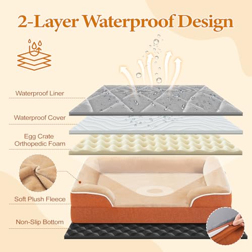 PAWZ Road Großes Hundebett, waschbar, orthopädisch mit abnehmbarem Flanellbezug und Reißverschluss, Hundesofa für große Hunde, 2-lagiges wasserdichtes Hundebett Khaki, 89x63x16cm