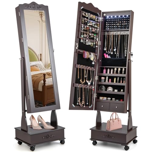 CHARMAID Rolling Jewelry Armoire with Full Length Mirror, Lockable Stand up Jewelry Cabinet with Lights and Wheels, Standing Jewelry Organizer with Drawers, Mirror with Jewelry Storage (Espresso)