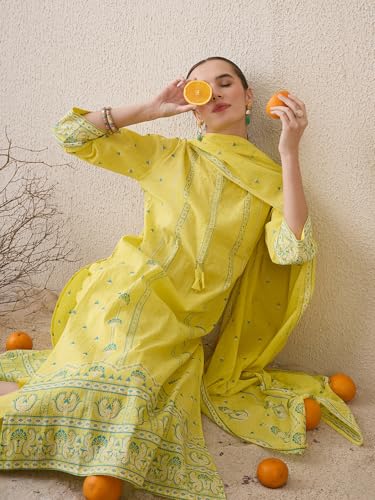 Image of INDO ERA Women's Straight Pure Cotton Ethnic Motifs Printed Kurta & Pant with Dupatta Set (IESTR9770)