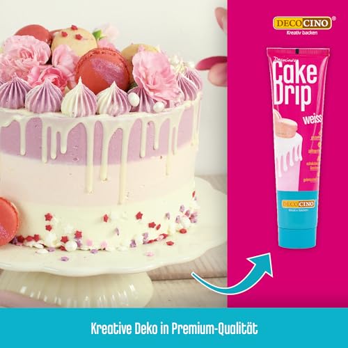 DECOCINO Cake Drip Weiss – schokoladiger Geschmack – direkt gebrauchsfertig – Backdeko für Torten, Kuchen, Muffins, Cupcakes, Cake Melts (Packung mit 2)