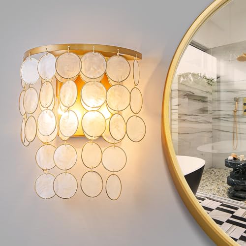 LumFurn 2-Light Capiz Shell Wall Sconces, Coastal Design Indoor Wall Lamp, Vanity Wall Mount Light Fixture for Bathroom, Hallway, Bedroom, True Shell Pendants & Copper Finish Frame